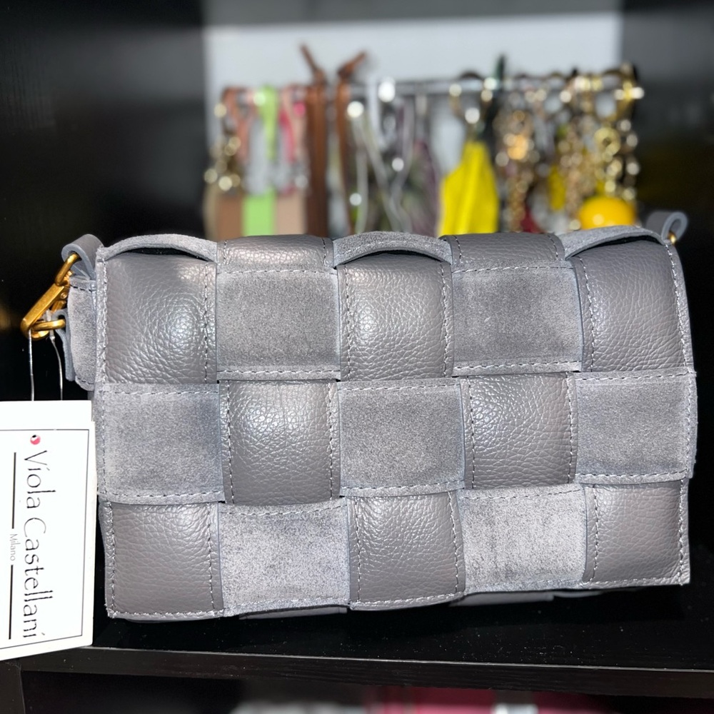 Viola Castellani Gray Woven Leather and Suede Crossbody Bag